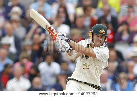 MANCHESTER, ENGLAND - August 04 2013: David Warner batting during day four of  the Investec Ashes 4th test match at Old Trafford Cricket Ground, on August 04, 2013 in London, England.