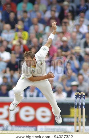 MANCHESTER, ENGLAND - August 04 2013: Ryan Harris bowling during day four of  the Investec Ashes 4th test match at Old Trafford Cricket Ground, on August 04, 2013 in London, England.