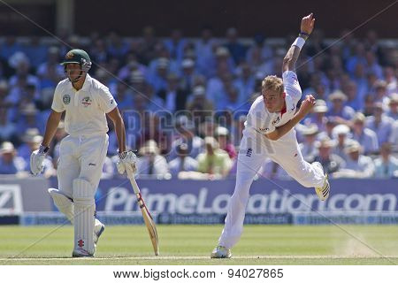 LONDON, ENGLAND - July 19 2013: Usman Khawaja and Stuart Broad during day two of the Investec Ashes 2nd test match, at Lords Cricket Ground on July 19, 2013 in London, England.