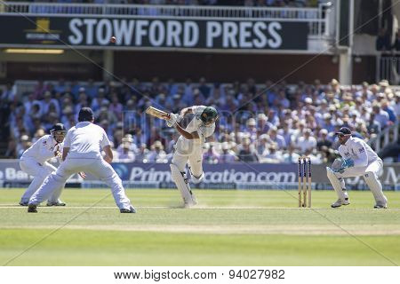 LONDON, ENGLAND - July 19 2013: Ian Bell, Alastair Cook, Usman Khawaja, and Matt Prior during day two of the Investec Ashes 2nd test match, at Lords Cricket Ground on July 19, 2013