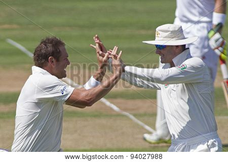 LONDON, ENGLAND - July 18 2013: Ryan Harris and Michael Clarke celebrate the wicket of Jonathan Trott on day one of the Investec Ashes 2nd test match, at Lords Cricket Ground on July 18, 2013