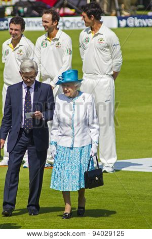 LONDON, ENGLAND - July 18 2013: Her Majesty Queen Elizabeth the 2nd attends the opening of day one of the Investec Ashes 2nd test match, at Lords Cricket Ground on July 18, 2013 in London, England.