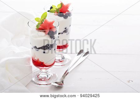 Yogurt parfait with blueberries and strawberry