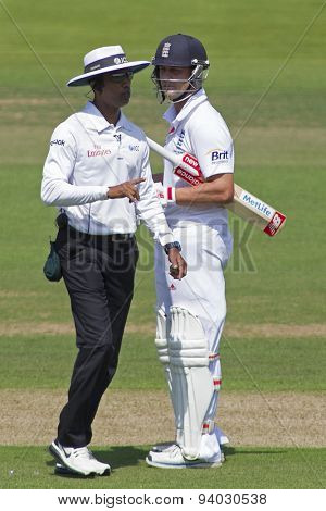 LONDON, ENGLAND - July 18 2013: Jonathan Trott stares at umpire Kumar Dharmasena on day one of the Investec Ashes 2nd test match, at Lords Cricket Ground on July 18, 2013 in London, England.