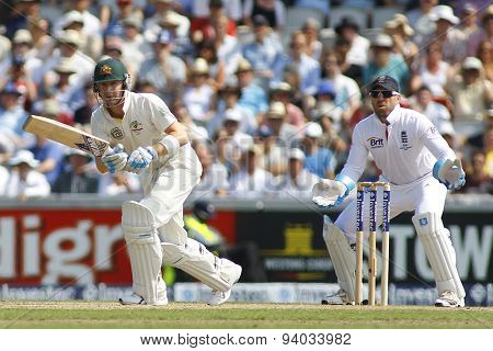 MANCHESTER, ENGLAND - August 01 2013: Michael Clarke and Matt Prior during day one of  the Investec Ashes 3rd test match at Old Trafford Cricket Ground, on August 01, 2013 in London, England.