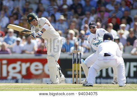 MANCHESTER, ENGLAND - August 02 2013: Brad Haddin Matt Prior and Ian Bell during day two of  the Investec Ashes 3rd test match at Old Trafford Cricket Ground, on August 02, 2013 in London, England.