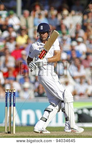 MANCHESTER, ENGLAND - August 02 2013: Alastair Cook batting during day two of  the Investec Ashes 3rd test match at Old Trafford Cricket Ground, on August 02, 2013 in London, England.