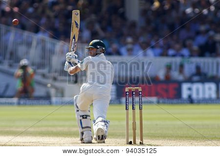 LONDON, ENGLAND - July 21 2013: Michael Clarke plays a shot during day four of the Investec Ashes 2nd test match, at Lords Cricket Ground on July 21, 2013 in London, England.