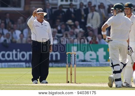 LONDON, ENGLAND - July 21 2013: Umpire Marais Erasmus signals out for Steven Smith during day four of the Investec Ashes 2nd test match, at Lords Cricket Ground on July 21, 2013 in London, England.