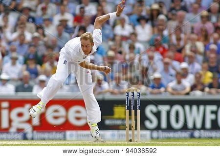 MANCHESTER, ENGLAND - August 01 2013: Stuart Broad bowling during day one of  the Investec Ashes 3rd test match at Old Trafford Cricket Ground, on August 01, 2013 in London, England.