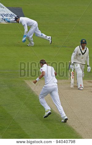 CHESTER LE STREET, ENGLAND - August 10 2013: Matt Prior catches the ball to dismiss Usman Khawaja off the bowling of Stuart Broad during day two of the Investec Ashes 4th test match