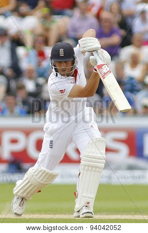 CHESTER LE STREET, ENGLAND - August 11 2013: Jonathan Trott plays a shot during day three of the Investec Ashes 4th test match at The Emirates Riverside Stadium, on August 11, 2013 in London, England.