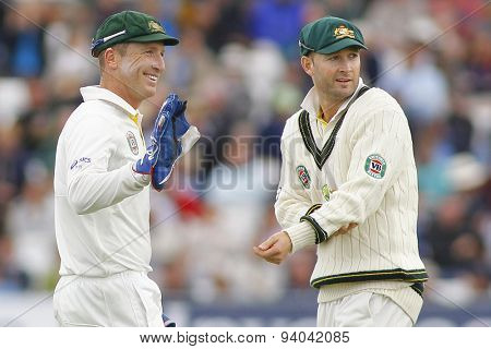 CHESTER LE STREET, ENGLAND - August 11 2013: Brad Haddin and Michael Clarke during day three of the Investec Ashes 4th test match at The Emirates Riverside Stadium, on August 11, 2013