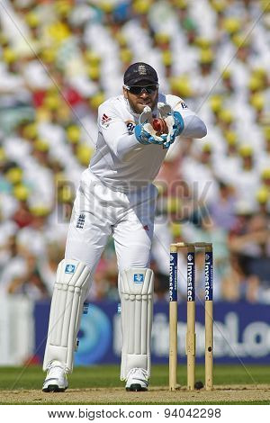 LONDON, ENGLAND - August 21 2013: Matt Prior catches the ball during day one of the 5th Investec Ashes cricket match between England and Australia played at The Kia Oval Cricket Ground
