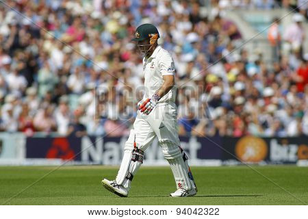 LONDON, ENGLAND - August 21 2013: David Warner walks off after being dismissed during day one of the 5th Ashes cricket match between England and Australia played at The Kia Oval Cricket Ground