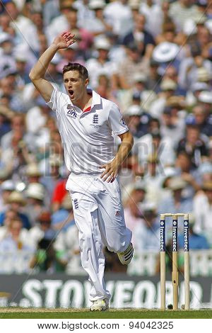 LONDON, ENGLAND - August 21 2013: Chris Woakes reacts during day one of the 5th Investec Ashes cricket match between England and Australia played at The Kia Oval Cricket Ground