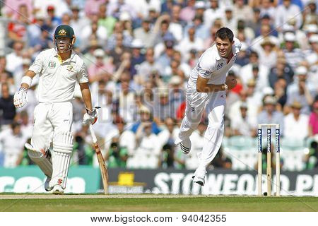 LONDON, ENGLAND - August 21 2013: David Warnerand James Anderson during day one of the 5th Investec Ashes cricket match between England and Australia played at The Kia Oval Cricket Ground