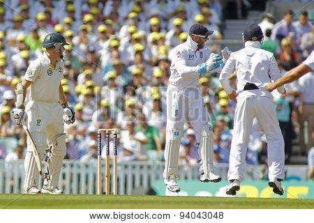 LONDON, ENGLAND - August 21 2013: Chris Rogers looks back after hitting the ball and being caught out during day one of the 5th Investec Ashes cricket match between England and Australia