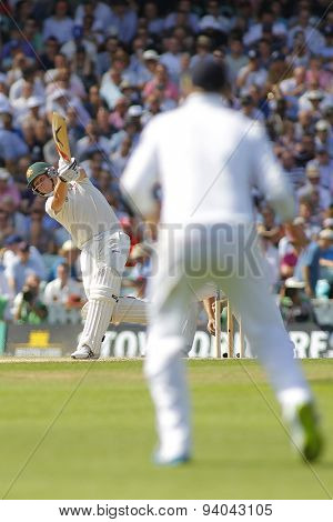 LONDON, ENGLAND - August 21 2013: Steven Smith hits the ball for 6 runs during day one of the 5th Investec Ashes cricket match between England and Australia played at The Kia Oval Cricket Ground