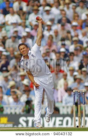 LONDON, ENGLAND - August 21 2013: Simon Kerrigan bowling during day one of the 5th Investec Ashes cricket match between England and Australia played at The Kia Oval Cricket Ground on August 21, 2013