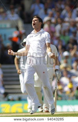 LONDON, ENGLAND - August 21 2013: James Anderson celebrates taking the wicket of Michael Clarke during day one of the 5th Investec Ashes cricket match between England and Australia 