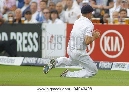 LONDON, ENGLAND - August 22 2013: Jonathan Trott catches the ball to dismiss James Faulkner during day two of the 5th Investec Ashes cricket match between England and Australia