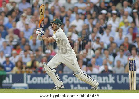 LONDON, ENGLAND - August 22 2013: Mitchell Starc plays a shot during day two of the 5th Investec Ashes cricket match between England and Australia