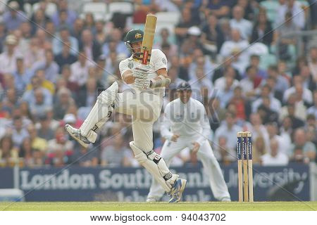 LONDON, ENGLAND - August 22 2013: Ryan Harris plays a shot during day two of the 5th Investec Ashes cricket match between England and Australia played at The Kia Oval Cricket Ground