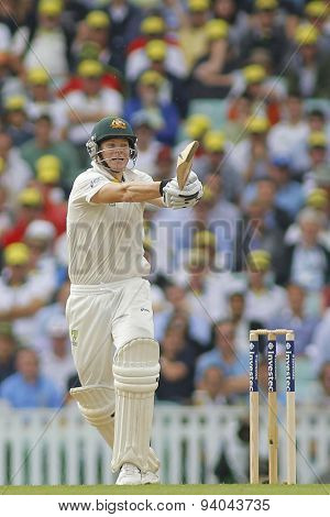 LONDON, ENGLAND - August 22 2013: Steven Smith plays a shot during day two of the 5th Investec Ashes cricket match between England and Australia played at The Kia Oval Cricket Ground