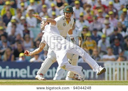 LONDON, ENGLAND - August 25: James Anderson catches the ball off his own bowling to dismiss David Warner during day five of the 5th Investec Ashes cricket match between England and Australia