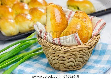 Russian Pastries (pirogi) Filled With Eggs And Green Onion, Closeup
