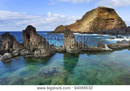 Swimming natural pools of volcanic lava in Porto Moniz, Madeira island, Portugal, Europe