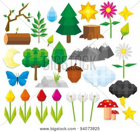 Vector Set Of Different Low Poly Style Natural Elements