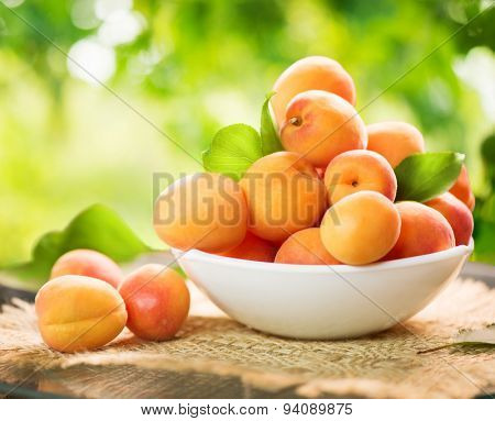 Apricot. Ripe Organic Apricots with leaves on a white wooden table over green nature blurred background. Orchard