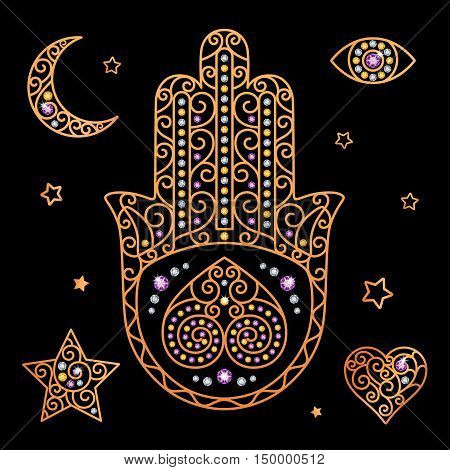 gold decorative elements with jewels on a black background