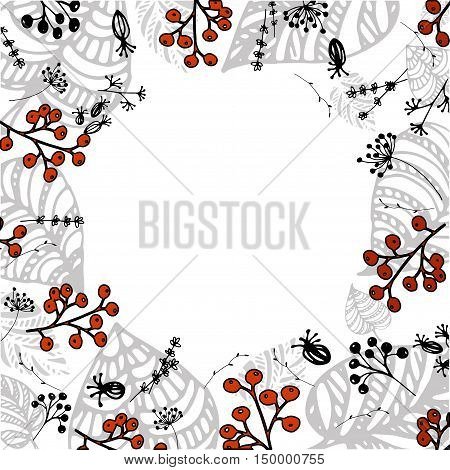 bright vector winter frame with light gray leaves and red berries