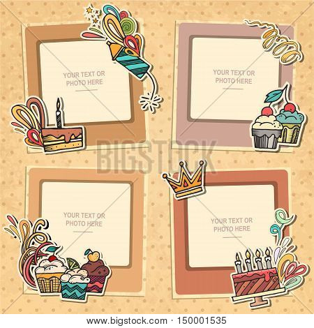 Collage photo frame on vintage background. Album template for kid, baby, family or memories. Scrapbook concept, vector illustration.