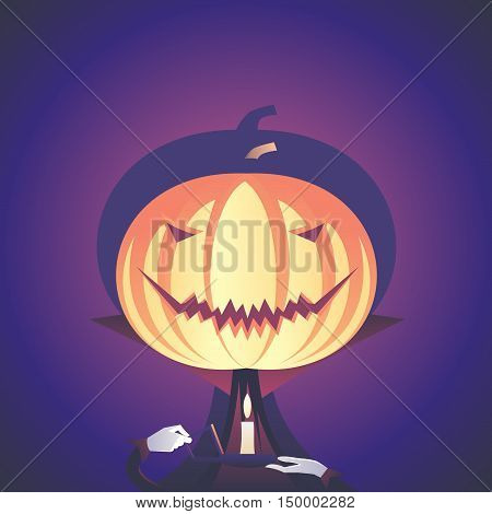 Scary halloween pumpkin dressed in a vampire costume stands with candle vector illustration