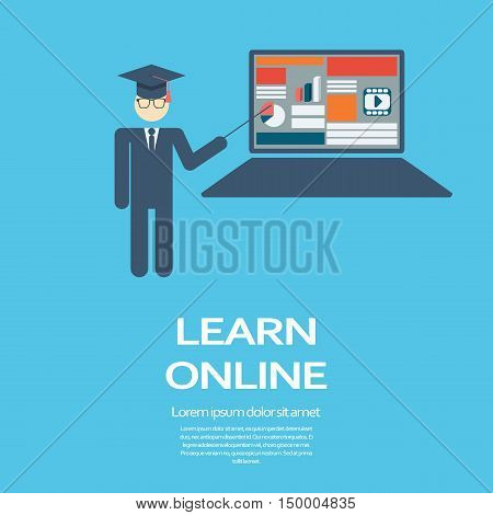 Online learning education infographic template with electronic technology devices and responsive webdesign. Eps10 vector illustration.