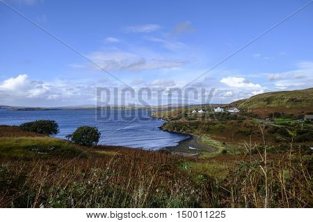 Beautiful remote coastal scenery of Fiskavaig Bay on Isle of Skye Scotland
