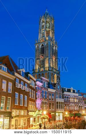 Quay Vismarkt and Domtoren in night light. Utrecht. Holland.