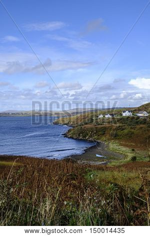 Beautiful remote coastal scenery of Fiskavaig Bay on Isle of Skye Scotland