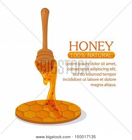 Honeycomb with honey dripping and strick icon. Healthy and organic food theme. Colorful design. Vector illustration