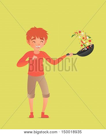 Child tossing vegetables in a wok. Flipping food in a pan. Vector illustration. Cute boy