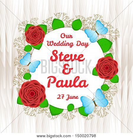 Wedding card template with flowers and butterflies light wood background