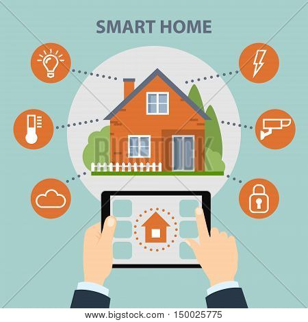 Smart home concept. Hands hold tablet and control home system as energy, conditioning, temperature and more. Wireless system.