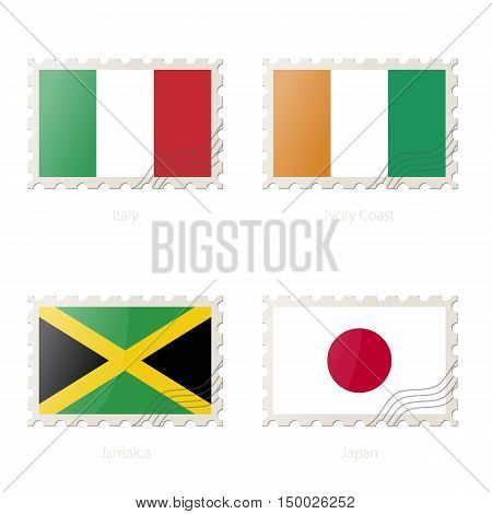 Postage Stamp With The Image Of Italy, Ivory Coast, Jamaica, Japan Flag.