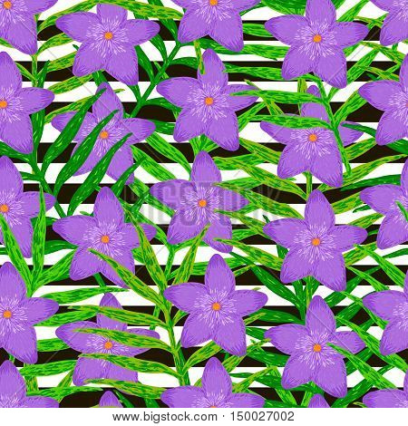 Vector seamless pattern from green leaves and purple flowers on the white background with black strips