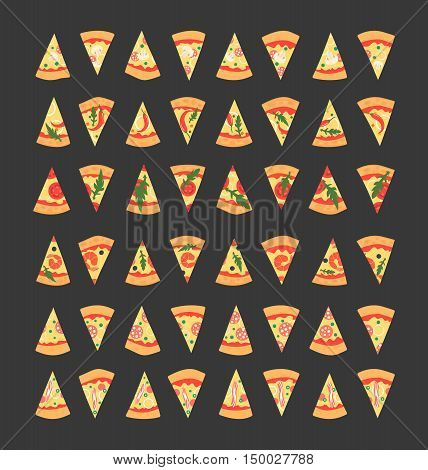 Set of pizza slices with different toppings including shrimps chili pepper mushrooms bacon cheese onion tomatoes salami. Vector illustration. Cartoon style