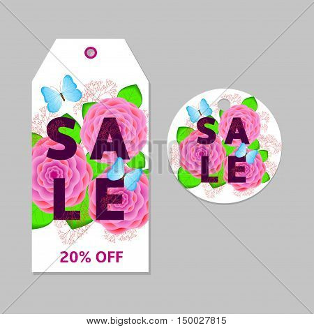 Floral sale tags labels with pink flowers green leaves and Blue butterflies